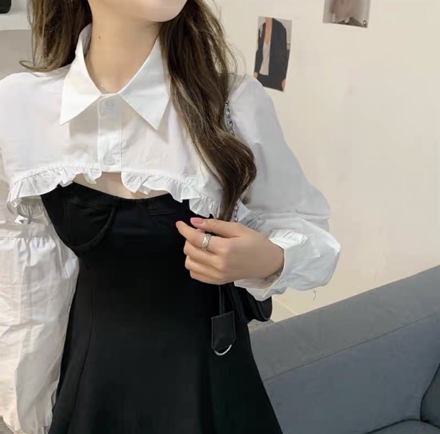 Áo CROPTOP sơmi croptop phối bèo 🥰 áo sơmi khoác ngoài SÉT ĐẦM