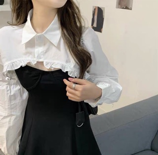 Áo sơ mi croptop phối bèo ( ảnh thật hình nền)