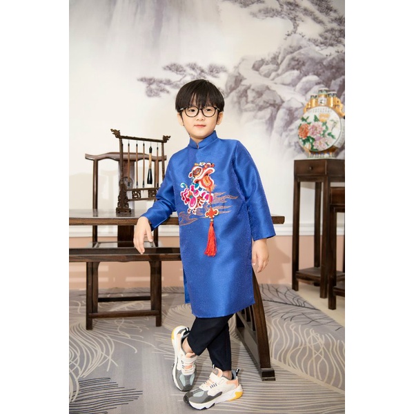 Áo Dài Bé Trai Thêu Lân Mon 3 Màu Đỏ - Vàng - Xanh Cho Bé Từ 8 đến 29kg