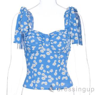 D❃♪Áo thun nữ in hình hoa cúc nhỏ thời trang mùa hè hoang dã gợi cảm