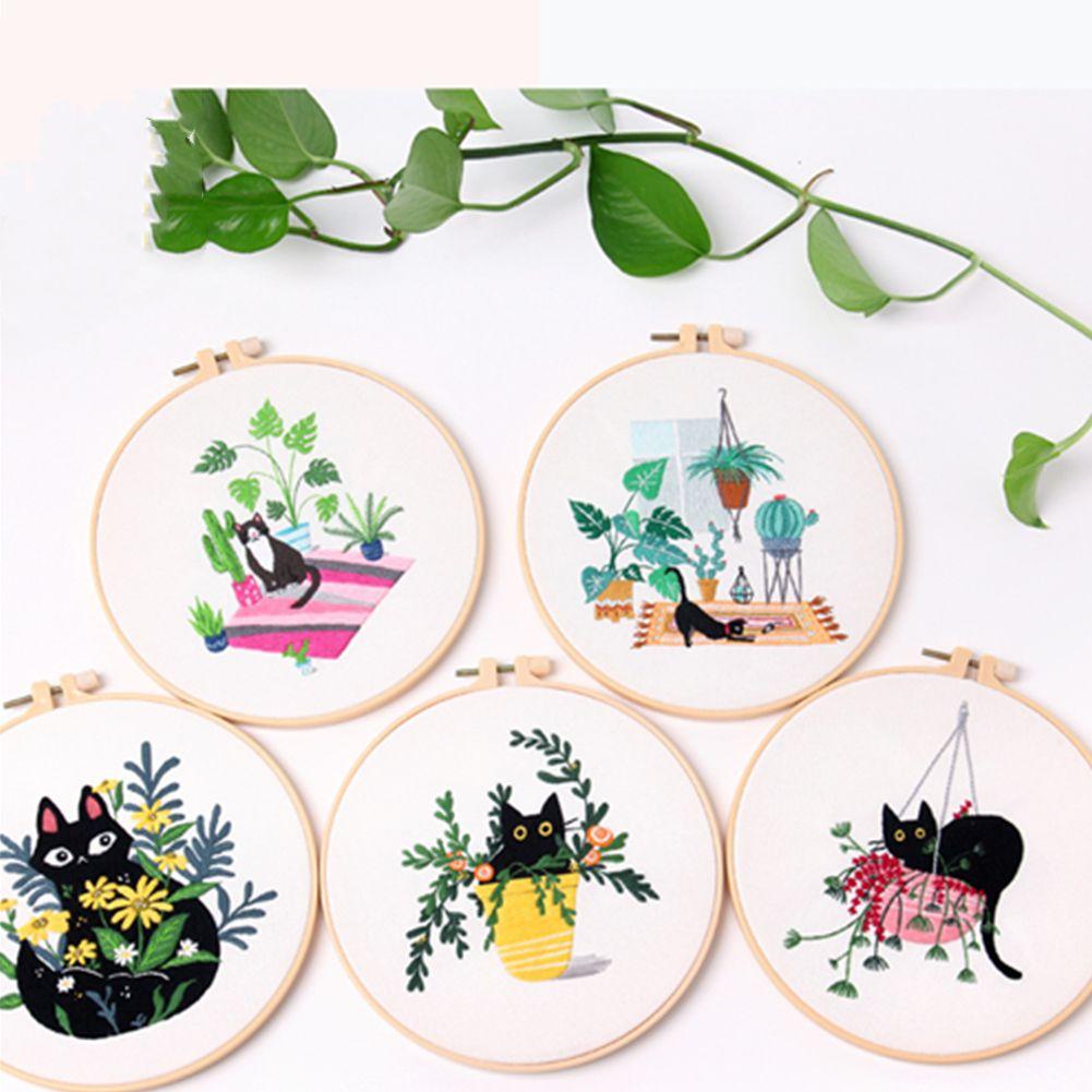 Bộ Kim Thêu Hình Mèo Đen / Hoa Cỏ Thủ Công Dành Cho Người Mới Bắt Đầu