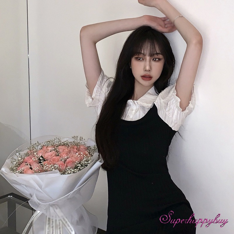 Đầm Ngắn Giả Hai Lớp Cổ Búp Bê Phối Ren Ôm Dáng Cho Nữ