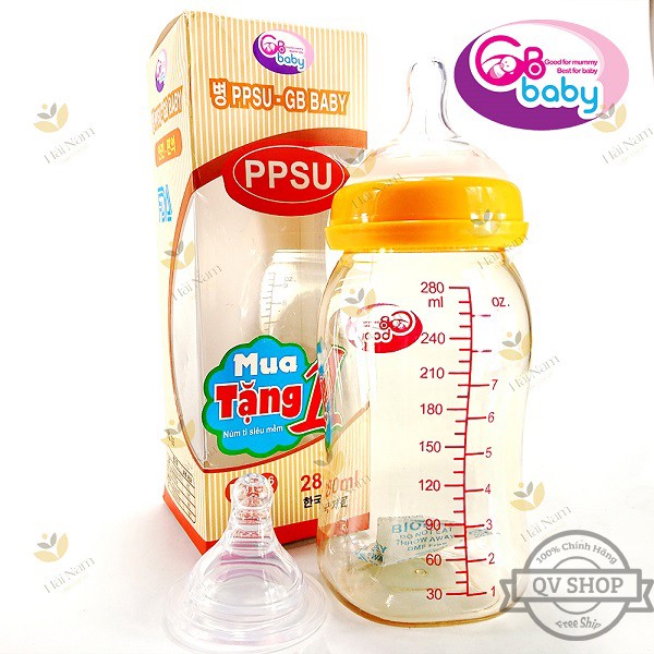 Bình sữa nhựa PPSU GB-Baby 280ml Hàn Quốc - Tặng 1 núm ti siêu mềm