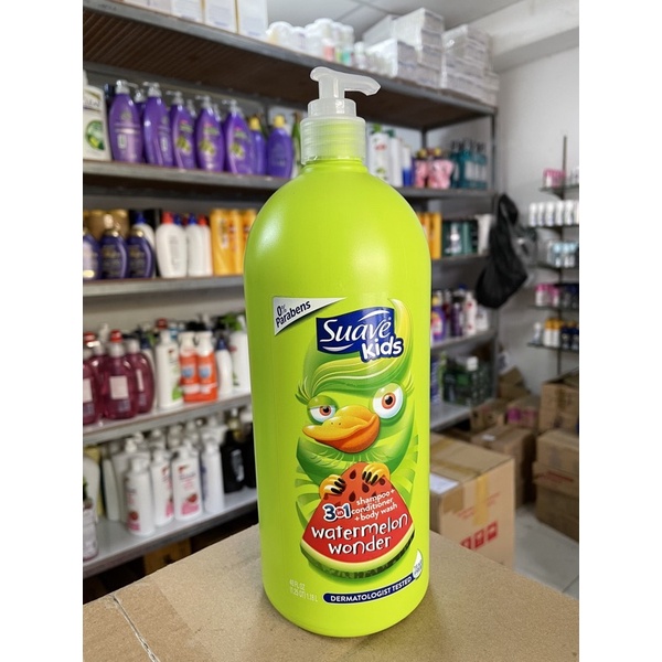 Sữa tắm - gội - xả Suave Kids hương dưa hấu. Chai lớn 255ml có vòi.