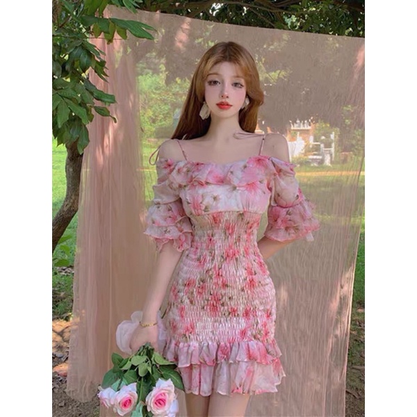 (ORDER.buiny)Váy bánh bèo ulzzang tiểu thư trễ vai chân xoè đuôi cá Hoạ Tiết hoa nhí ôm body | BigBuy360 - bigbuy360.vn