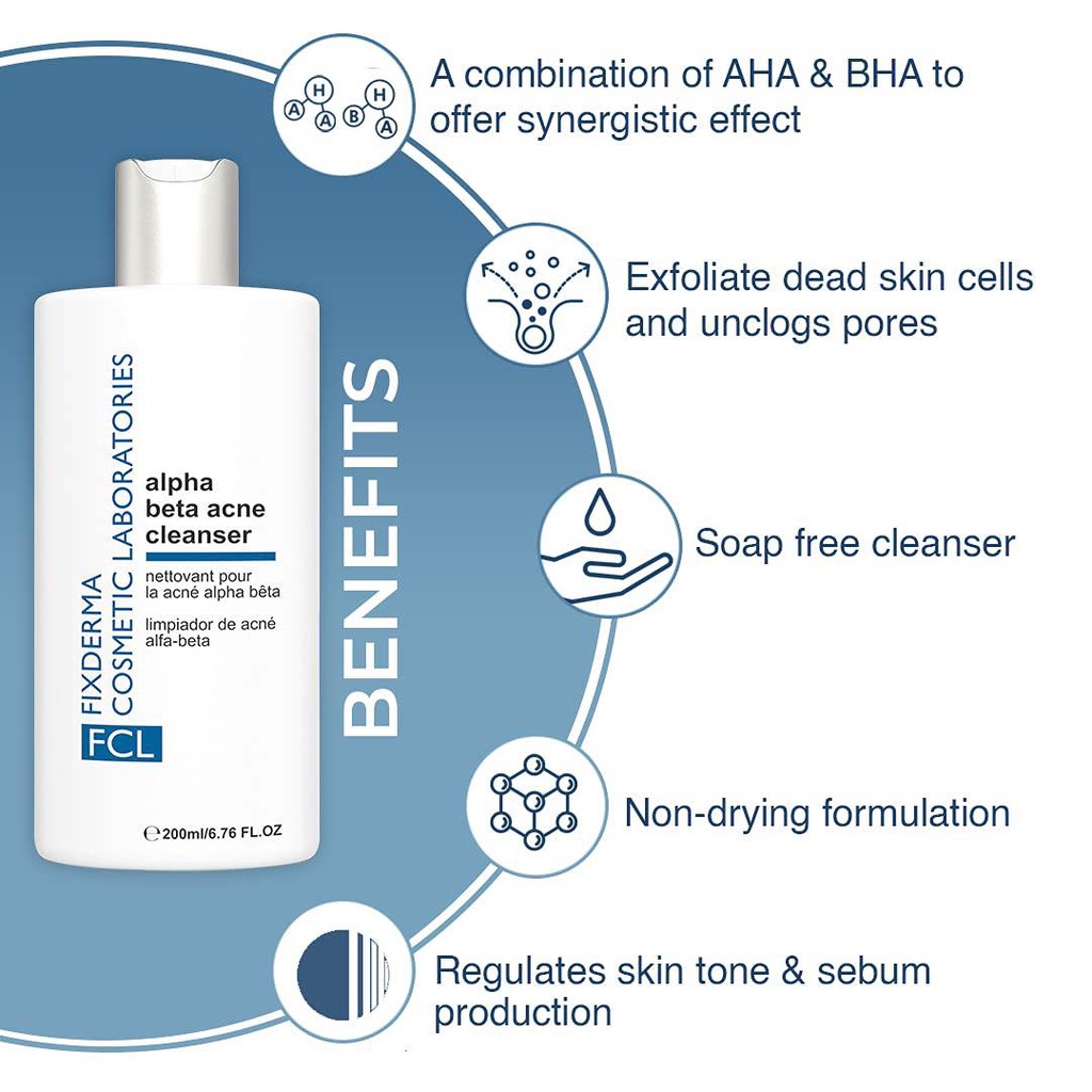 Sữa rửa mặt da dầu mụn Fixderma FCL Alpha Beta Acne Cleanser 200ml thông thoáng lỗ chân lông và kiểm soát dầu thừa