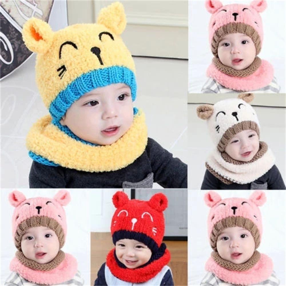 Mũ Đan Len Kèm Khăn Choàng Cổ Hình Mèo Dễ Thương Cho Bé