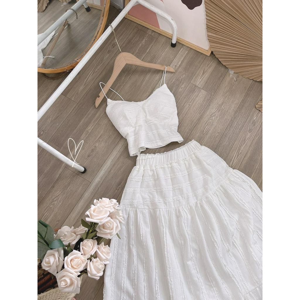 SET ÁO CROP 2D REN CUP NGỰC + CHÂN VÁY TRẮNG