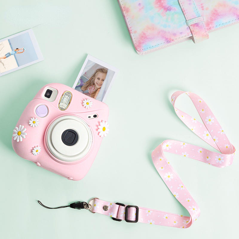 Ốp máy ảnh LAMMCOU bằng silicon mềm màu trơn họa tiết hoa cúc thích hợp cho Fujifilm Instax Mini 7+