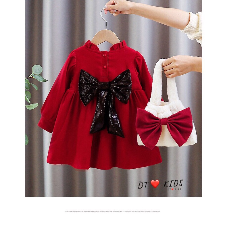 Váy Nhung Cho Bé 8-18kg - Váy Nhung Đỏ Phối Nơ Diện Tết - Noen Cực Ấm - N%D Kids