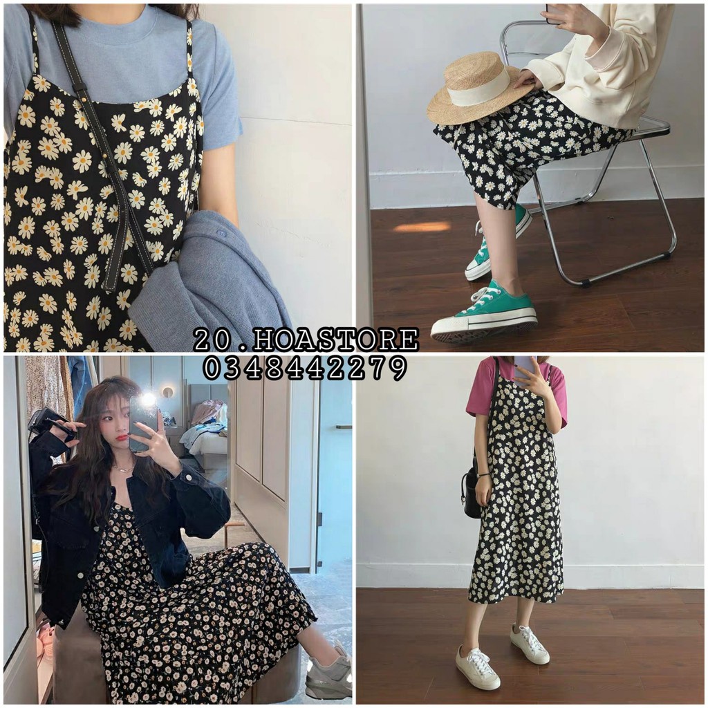 VÁY YẾM HOA CÚC NHÍ ULZZANG - SET VÁY MAXI HOA CÚC ĐEN + ÁO TRẮNG HOT