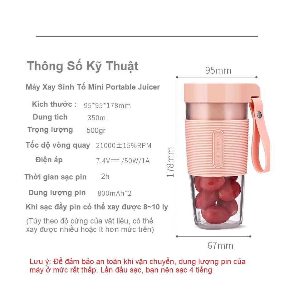 Máy Xay Sinh Tố Portable Juicer Cầm Tay Sạc Pin Bằng Cổng USB Tiện Dụng 3 Màu Trẻ Trung Kiểu Dáng Hiện Đại