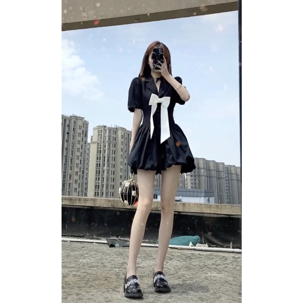 Đầm Phối Nơ Cổ Vest PEONYB Nữ [FREESHIP] 🌸 Váy babydoll đuôi bồng bánh bèo tiểu thư dáng xòe tay lỡ cá tính Ulzzang 🌸 | BigBuy360 - bigbuy360.vn