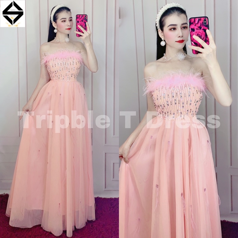 Đầm maxi cúp ngực lưới phối lông kết cườm TRIPBLE T DRESS - size M/L - MS386V