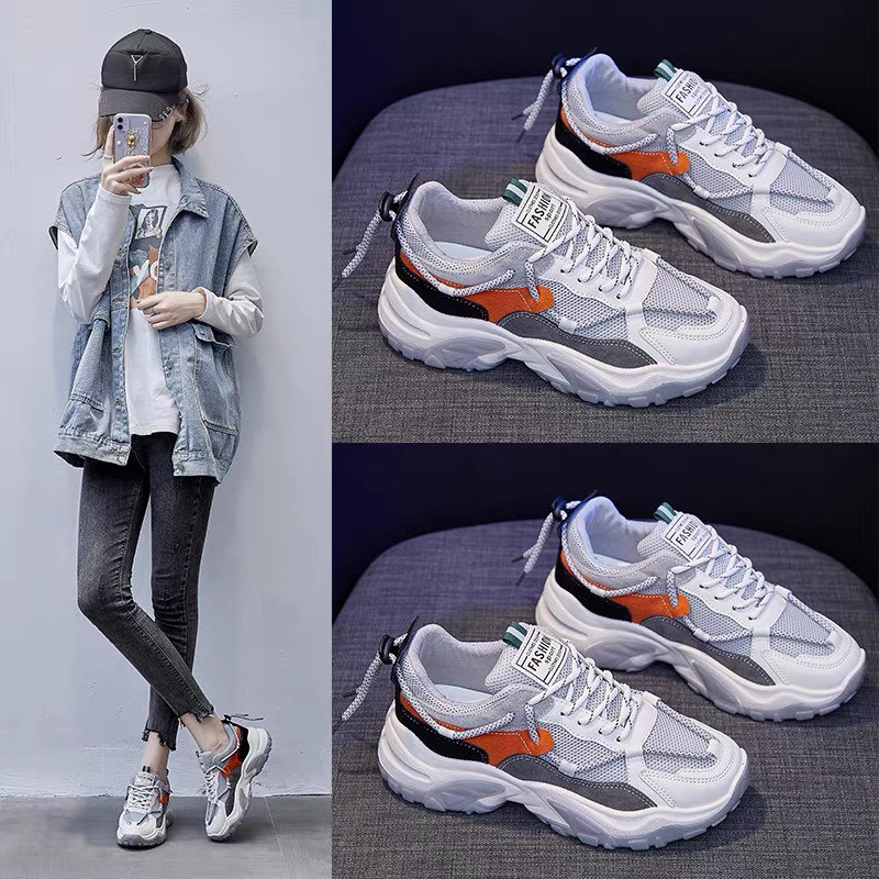 Giày thể thao nữ Zhixun - giày sneaker nữ có 2 phối màu trắng xám &amp; trắng cam chất da phối lưới độn đế cao đẹp giá rẻ