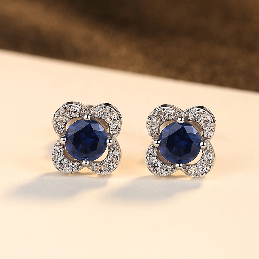 Khuyên Tai Bạc Nữ Hình Bông Hoa Bốn Cánh Đính Đá Xanh Đen Sang Trọng B2393-Bảo Ngọc Jewelry