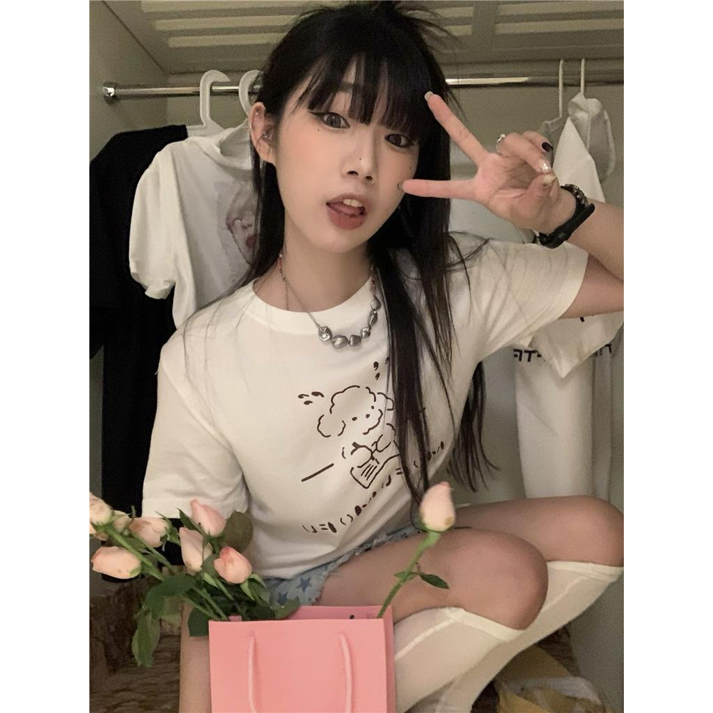 Áo Thun Cotton Cổ Tròn Dáng Rộng Ngắn Tay In Hình Dễ Thương Thời Trang Mùa Hè 62357