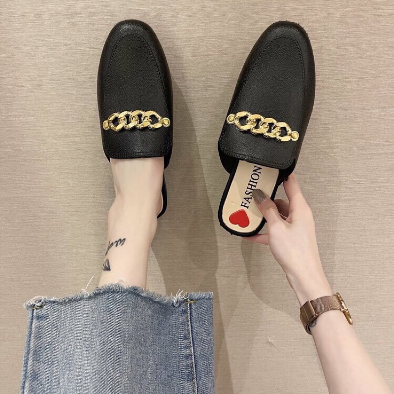 Dép sục nữ thời trang gắn xích 3 màu đen,kem,cam