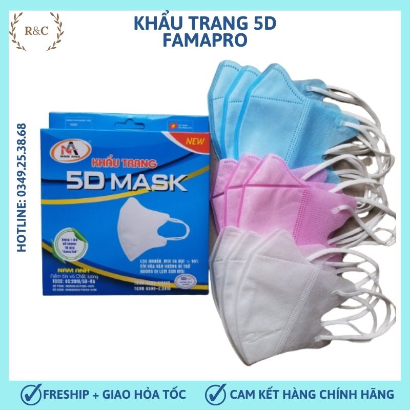 Khẩu Trang 5D Mask Famapro 3 Lớp Kháng Khuẩn Màu Trắng Xanh Hồng Hàng Chính Hãng