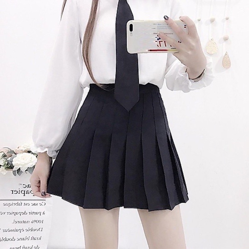 Chân váy ngắn LYMIA tennis xòe xếp li dáng chữ a màu trắng đen xếp ly cạp lưng cao