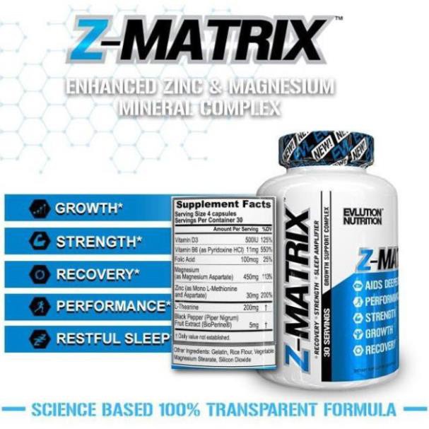 ZMA Hỗ Trợ Giấc Ngủ Tăng Sinh Lý Giảm Stress Và Phát Triển Cơ Bắp Evlution Nutrition Z-Matrix - Từ Mỹ