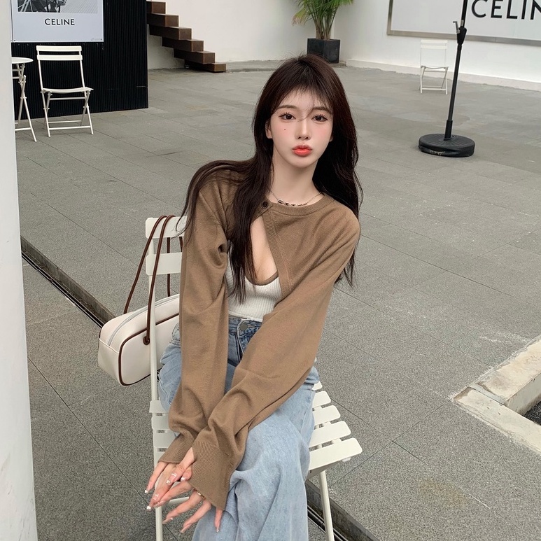 Set áo hai dây và áo choàng ZHELIHANGFEI dệt kim tay dài thiết kế độc đáo