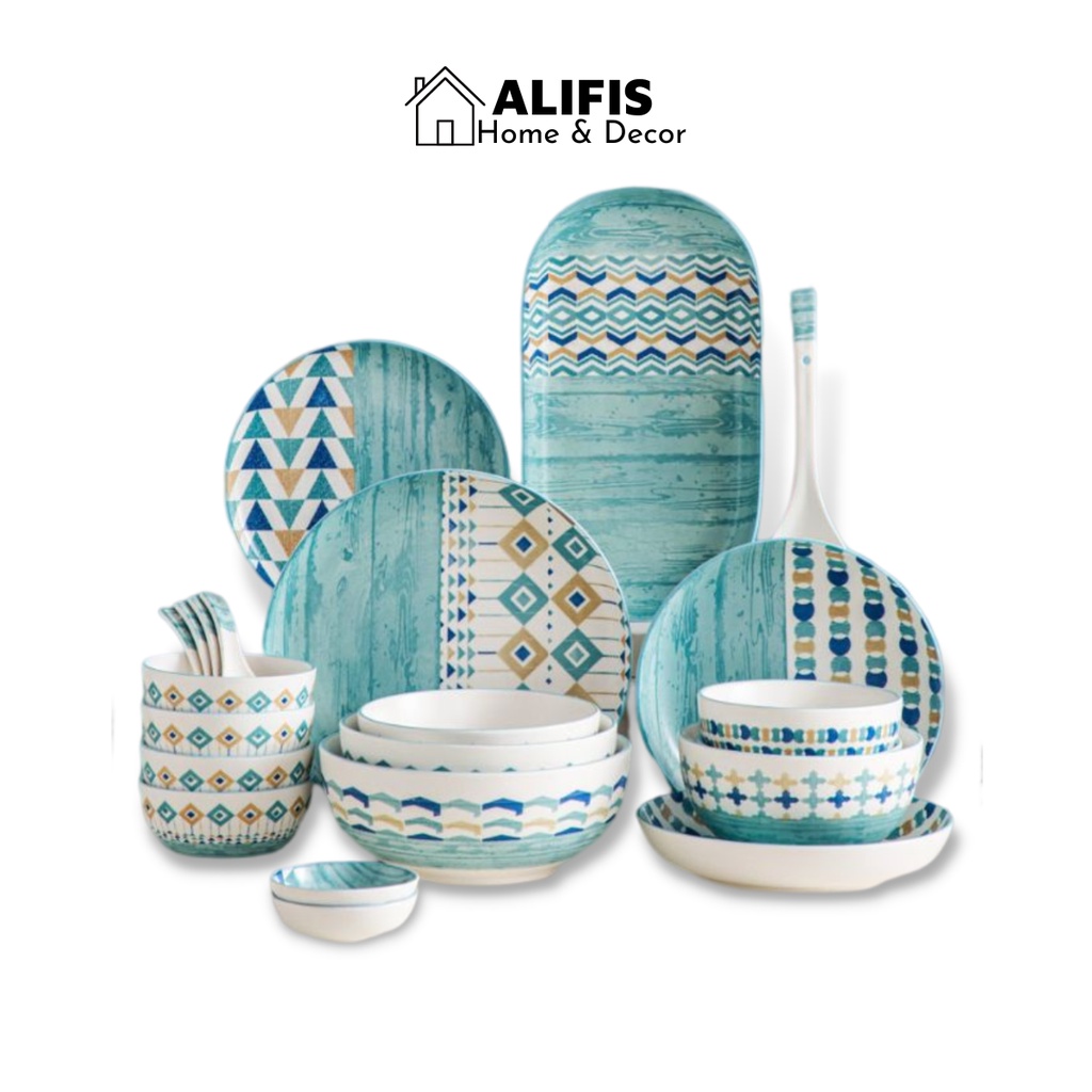 Bát đĩa sứ decor, bộ bát đĩa sứ màu xanh đại dương men mờ Alifis