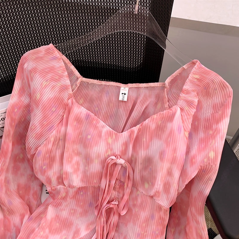 Áo chiffon Trễ Vai Tay Dài Dáng Ôm Màu Hồng Thời Trang Mùa Hè Quyến Rũ Cho Nữ