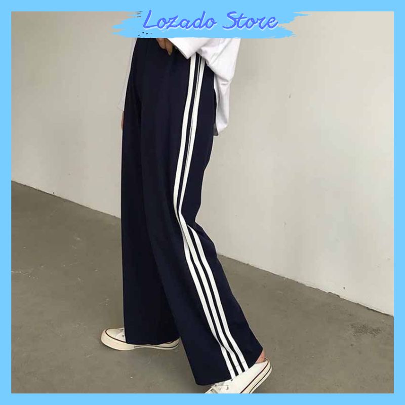 Quần dài nữ ống xuông LOZADO quần thể thao kẻ sọc viền dáng unisex ống rộng cạp chun chất dày dặn - Q452