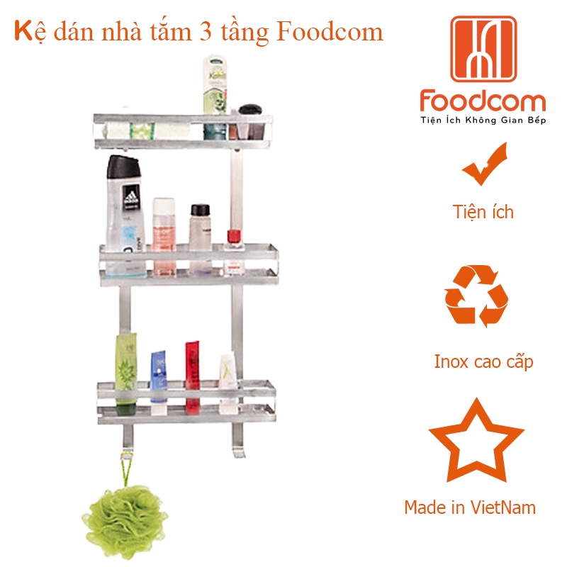 Kệ dán tường nhà tắm đa năng 3 tầng  Foodcom chất liệu inox cao cấp không han gỉ có keo 3M chắc chắn không khoan đục