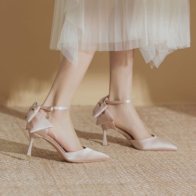 Giày cao gót mũi nhọn vải satin phối khóa cài thời trang nhiều màu sắc tùy chọn cho nữ
