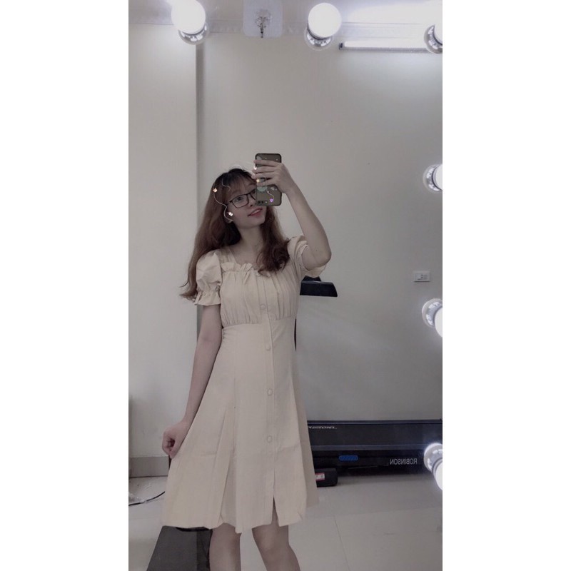 Váy tiểu thư nhún ngực ngắn tay chất đũi mát phong cách hàn quốc 2 màu be, trắng Váy Trắng Shop | BigBuy360 - bigbuy360.vn