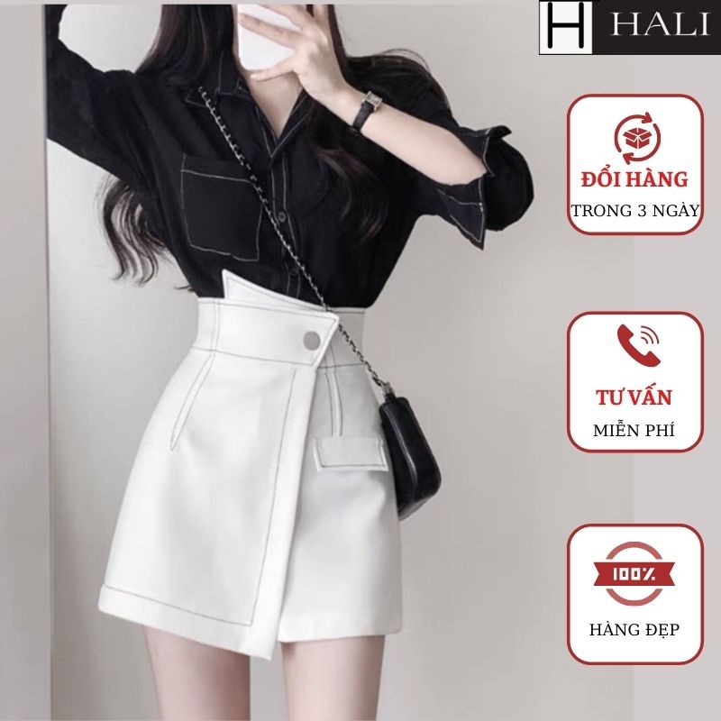 Chân váy nữ thời trang HALI - Quần short giả váy kiểu nữ cạp cao xếp lệch chất kaki co dãn