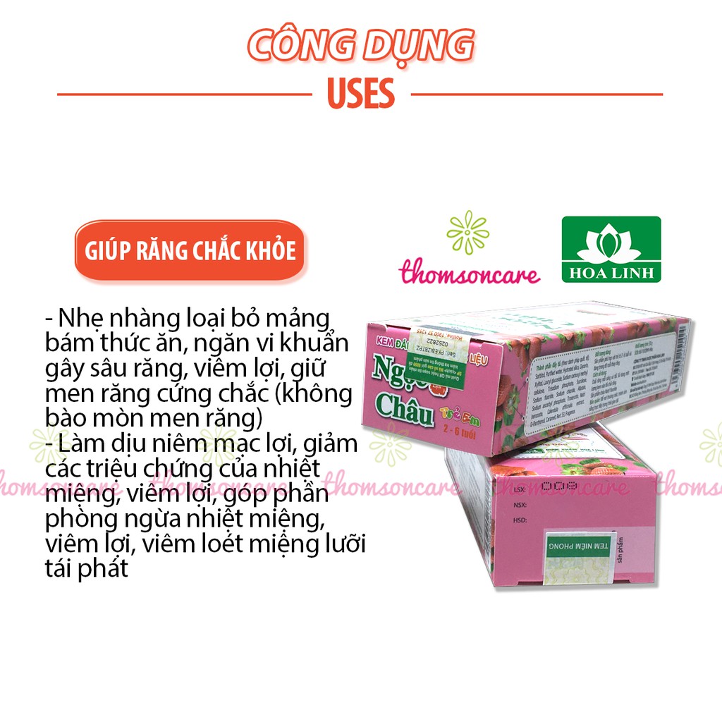 Kem đánh răng cho bé từ 2 tuổi - Ngọc Châu - trẻ em giai đoạn mọc và thay răng - hương dâu của dược Hoa Linh