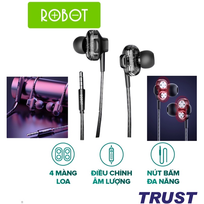 Tai Nghe Dây ROBOT RE30 Thiết Kế In-Ear Dây TPE Trong Suốt Cổng Kết Nối 3.5mm- Hàng Chính Hãng