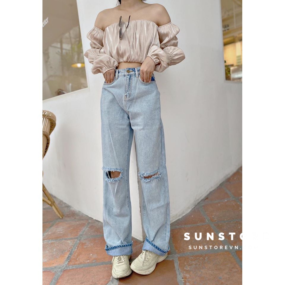 Quần jeans ống rộng rách gối Dora jeans