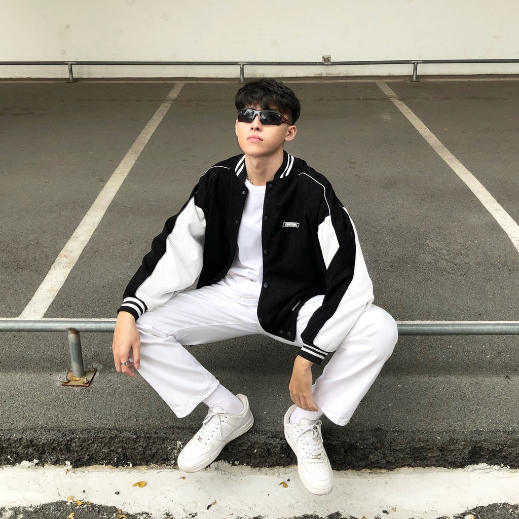 Áo khoác bóng chày nam vải nhung đũa màu đen local brand ONTOP - Corduroy Baseball Jacket O15-AK4