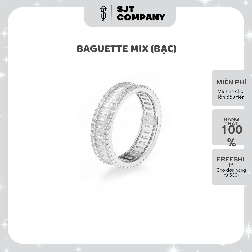 Nhẫn UNISEX BẠC 925 SJT BAGUETTE MIX đá tròn bản nữ xinh tươi