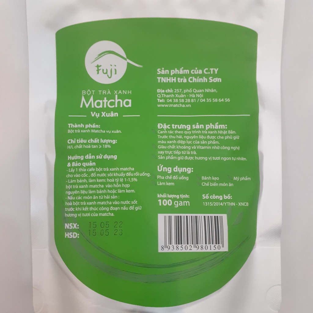 Bột Trà Xanh Fuji Matcha Nguyên Chất Vụ Xuân Pha Đồ Uống, Làm Bánh, Đắp Mặt, Trắng Da 100g/30g | Trà Chính Sơn