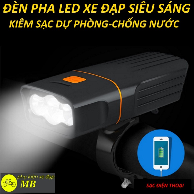 Đèn xe đạp siêu sáng 3 mắt độ sáng 1000lumen cao cấp sạc usb chống nước tích hợp sạc dự phòng