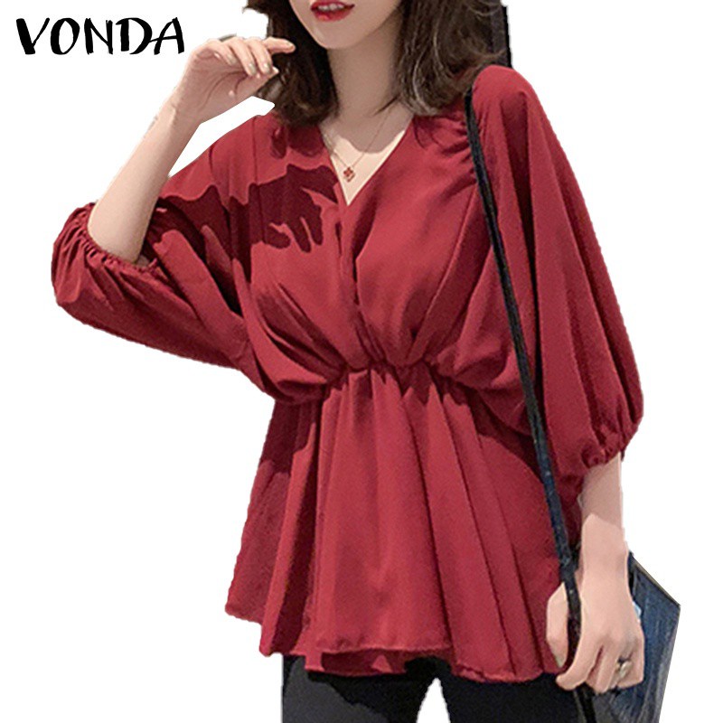 Áo Kiểu VONDA Tay Lỡ 3/4 Cổ Chữ V Xếp Ly Màu Trơn Thời Trang Cho Nữ