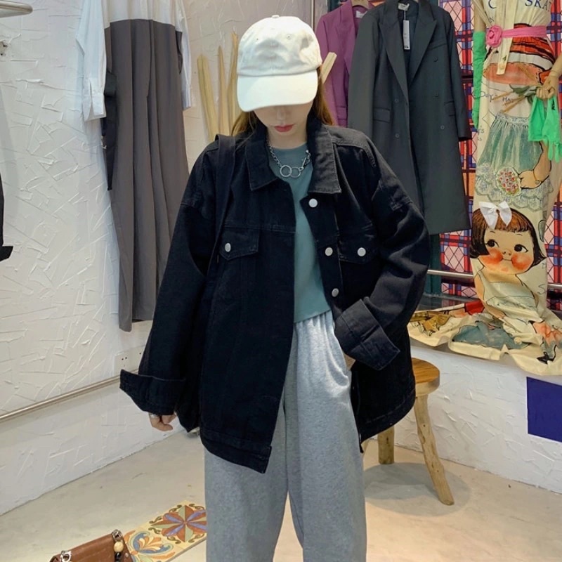 Áo Khoác Bò Denim Áo Jean Dài Tay Màu Đen Nam Nữ Unisex Phong Cách Ulzzang Basic chất loại 1 Quảng Châu