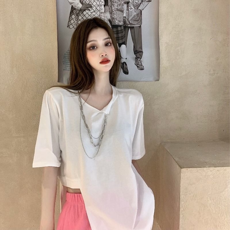 Áo Thun Tay Ngắn Dáng Rộng Màu Sắc Trơn Thiết Kế Xẻ Tà Độc Đáo