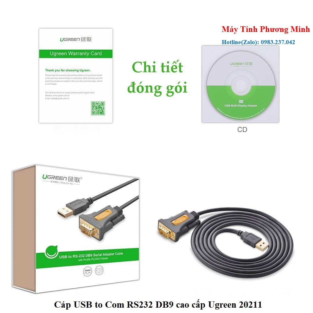 Cáp Chuyển USB 2.0 To Com RS232 cao cấp UGREEN 20223 Dài 3m - Hàng Chính Hãng