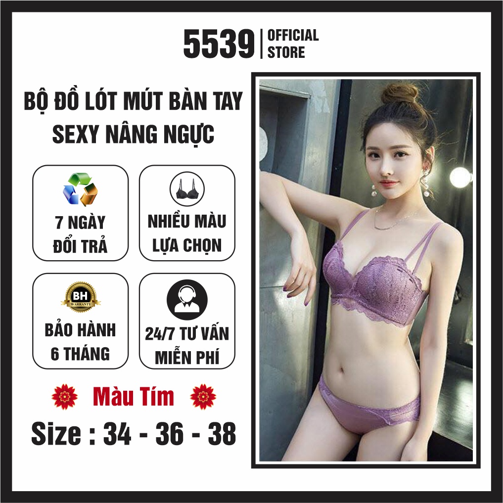Bộ đồ lót nữ ren, set đồ lót nữ sexy nâng ngực mút bàn tay, mút dày, không gọng, cup ngang, bản to cài 3 - Shop 5539