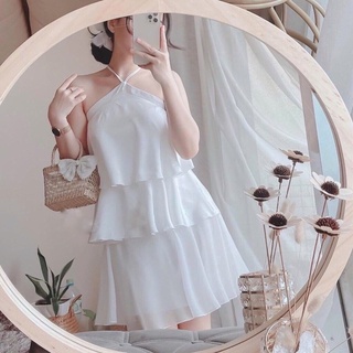 Đầm váy trắng cổ yếm 3 tầng form ngắn, váy vintage, váy dự tiệc, váy du lịch (kèm hình thật)