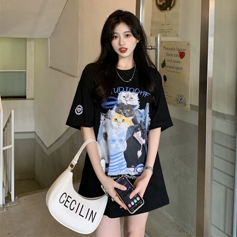 Áo Thun T-shirt Cotton Mềm Co Giãn Tay Ngắn In Hình Mèo Thời Trang Hàn Quốc Cổ Điển Dành Cho Nam Nữ