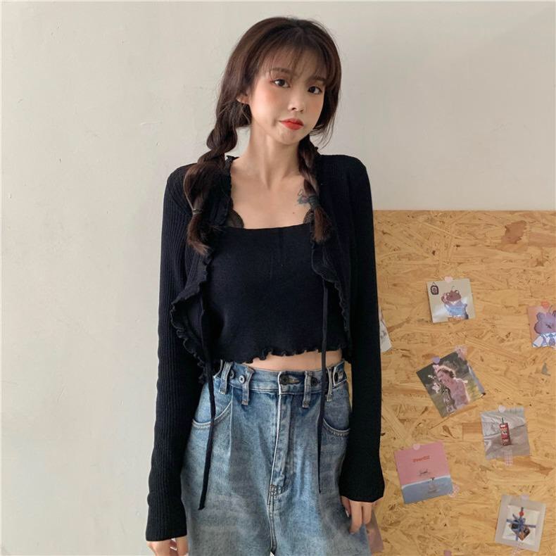 SET 2 MÓN ÁO CROPTOP DÀI TAY TĂM DÂY RÚT NỮ :cherry_blossom: ÁO CARDIGAN NGẮN VIỀN BÈO + ÁO QUÂY BODY TRẮNG | ĐEN ULAzan