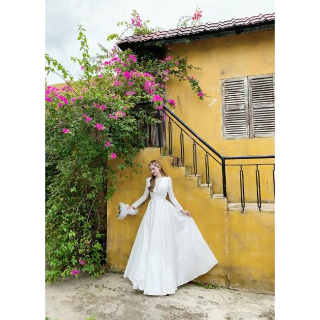 (free chỉnh sửa váy) có Size to dạ hội cưới phi trắng tay dài xẻ tà váy cưới cô dâu trắng chụp hình cưới Hàn Quốc 💝 🌟