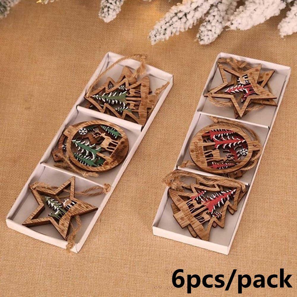 Set 6 Ngôi Sao / Cây Thông / Quả Bóng Bằng Gỗ Dùng Trang Trí Giáng Sinh / Năm Mới DIY
